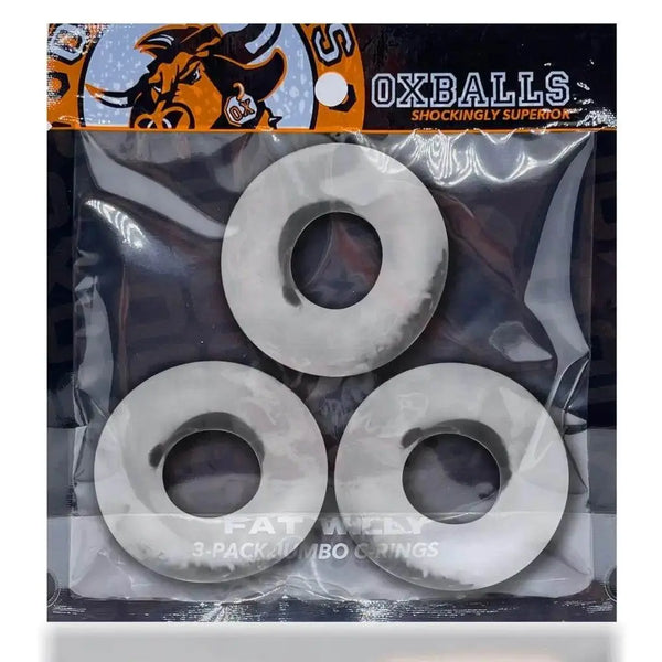 Oxballs Fat Willy 3-Pack Jumbo Cock Rings in clear, shown in retail packaging