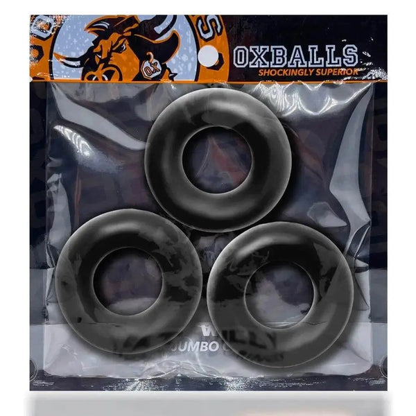 Oxballs Fat Willy 3-Pack black cock rings in sealed retail packaging