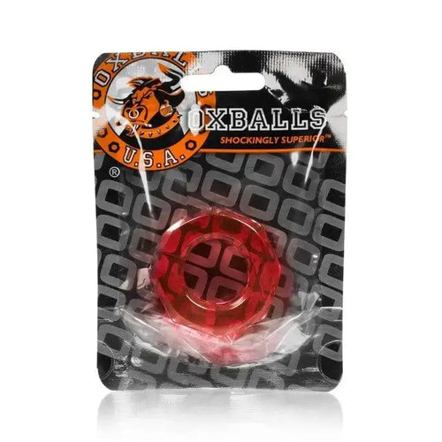 OXBALLS Humpballs Cock Ring in ruby red shown in retail blister packaging