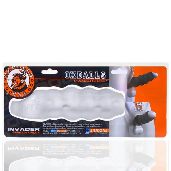OXBALLS Invader clear ice cock sheath displayed in retail packaging with rippled texture detail