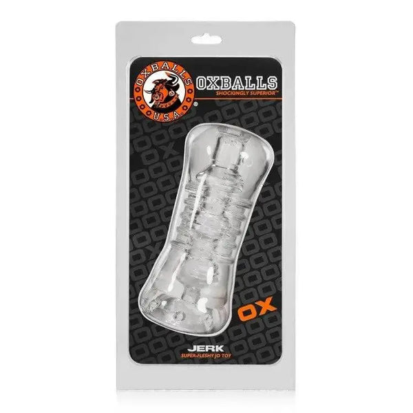OxBalls Jerk clear masturbator in retail packaging, showing ribbed transparent body