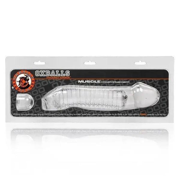 OxBalls Muscle Cocksheath in clear, shown in retail packaging with adjustable insert included