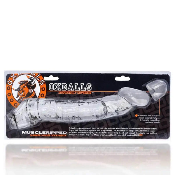 OXBALLS Muscle Ripped clear cock sheath displayed in retail packaging with product details