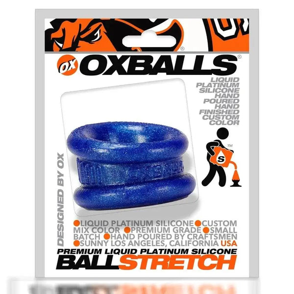 Oxballs Ball Stretch silicone ring in deep blue metallic glitter, shown in retail blister packaging