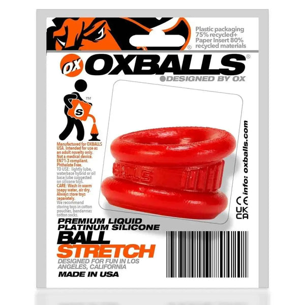 Oxballs Neo Angle BallStretcher in red liquid platinum silicone, front packaging view