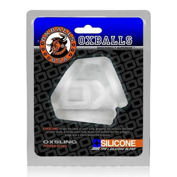 Oxballs Oxsling Power Cock Sling in Cool Ice clear, shown in retail blister packaging
