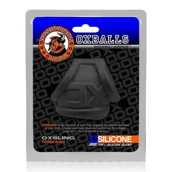 OXBALLS OXSling Power Sling in black silicone-TPR blend shown in retail packaging
