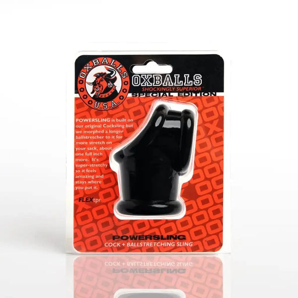 Oxballs Powersling cock and ballstretcher in black Flex TPR, shown in retail packaging