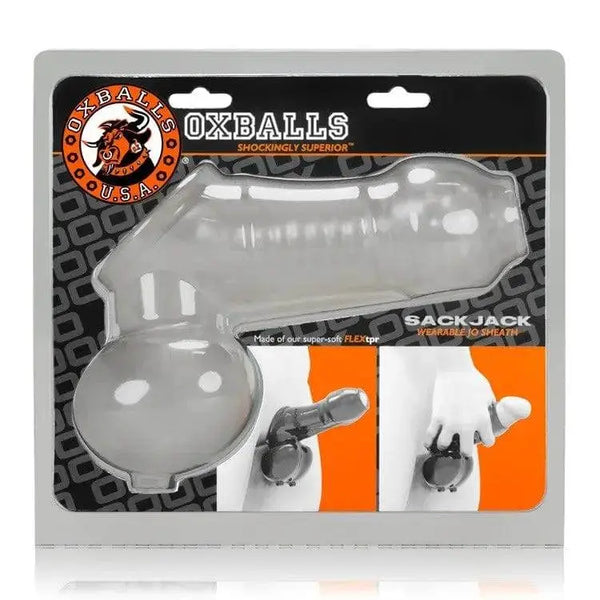 Oxballs SackJack wearable cock sheath in clear frost displayed in retail blister packaging