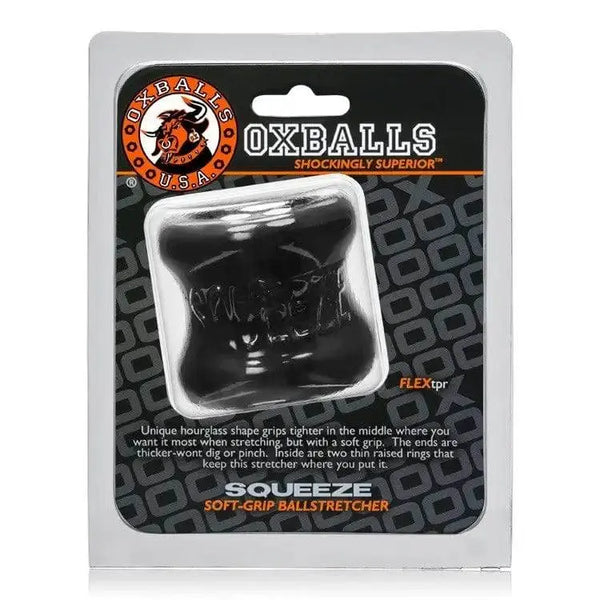 Oxballs Squeeze Soft-Grip Ball Stretcher in black FLEXtpr shown in retail packaging
