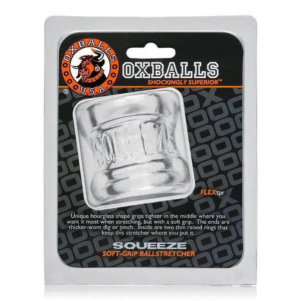 Oxballs Squeeze Soft-Grip Ball Stretcher in clear FLEXtpr displayed in retail packaging