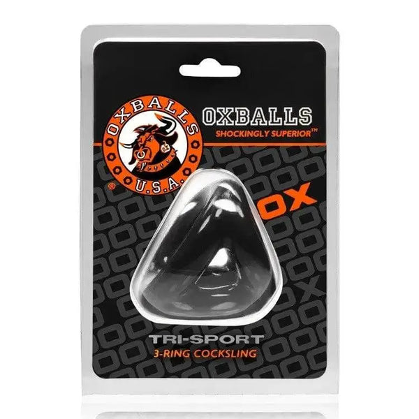 Oxballs Tri-Sport 3-ring cock sling in clear, shown in retail blister packaging