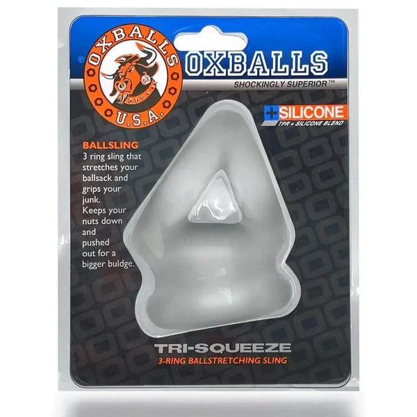 OXBALLS Tri-Squeeze 3-ring ball sling in clear ice, shown in retail packaging