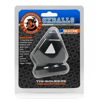 OxBalls Tri-Squeeze black silicone blend 3-ring ballstretching sling in retail packaging