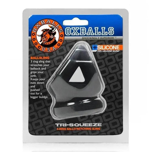OxBalls Tri-Squeeze black silicone blend 3-ring ballstretching sling in retail packaging