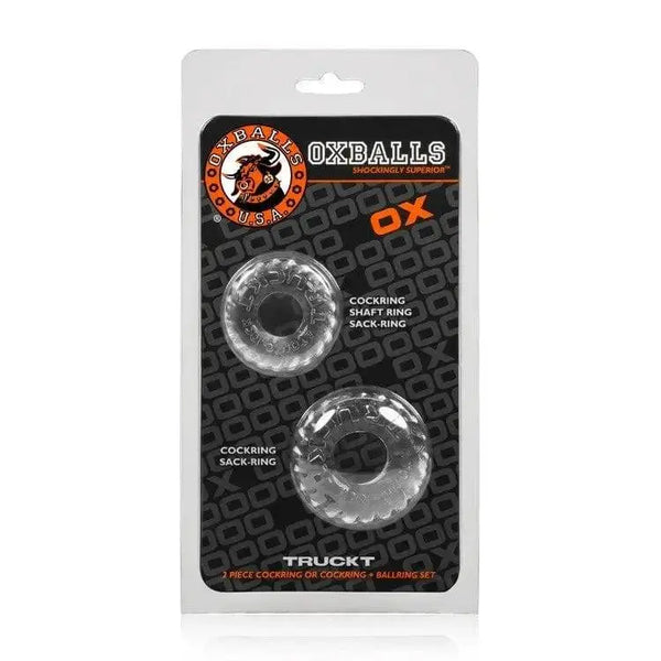 Oxballs Truckt 2-pack cock ring set in clear, shown in retail packaging with product details