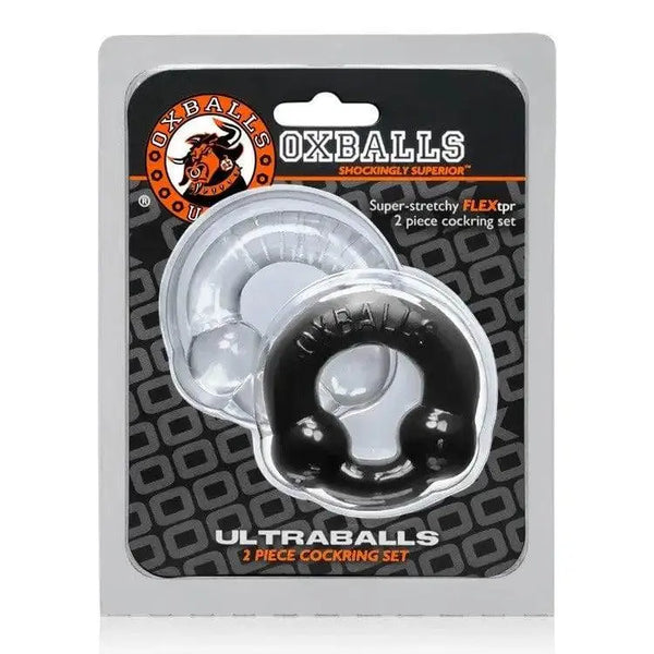 Oxballs Ultraballs 2-piece cock ring set in clear and black FLEXtpr, shown in retail packaging