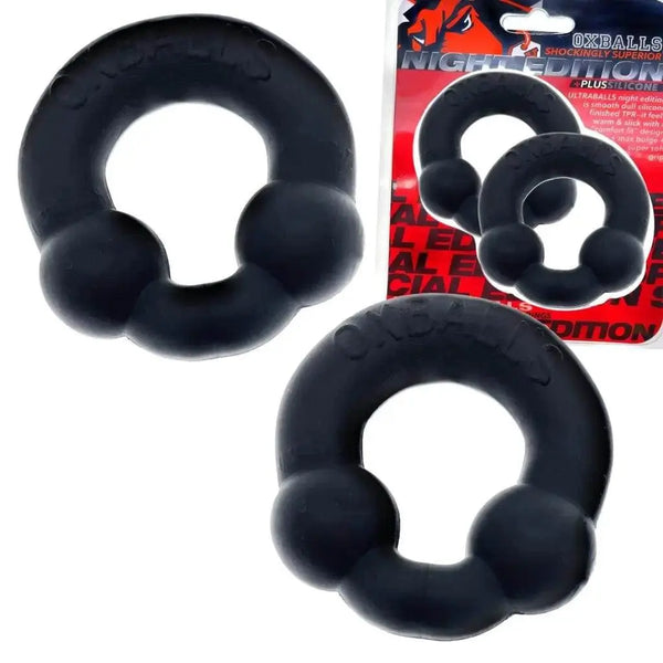 Oxballs Ultraballs 2-Pack cock rings in black silicone shown with Night Edition retail packaging
