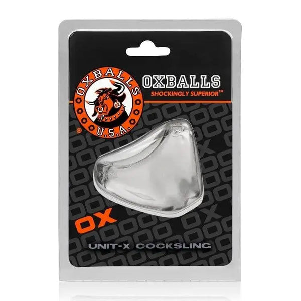 OxBalls Unit-X Cocksling in clear, shown in retail blister packaging with brand logo
