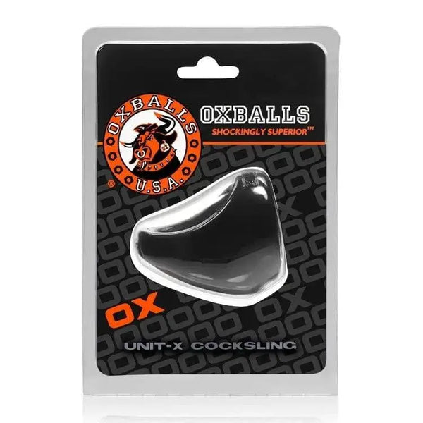 OxBalls Unit-X Cocksling in black and clear, shown in retail blister packaging