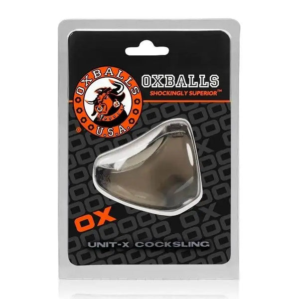 OxBalls Unit-X Cocksling in smoke clear TPR displayed in branded retail blister packaging