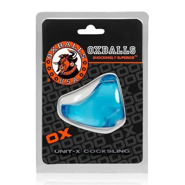 OxBalls Unit-X Cocksling in ice blue, shown in retail blister packaging with brand logo