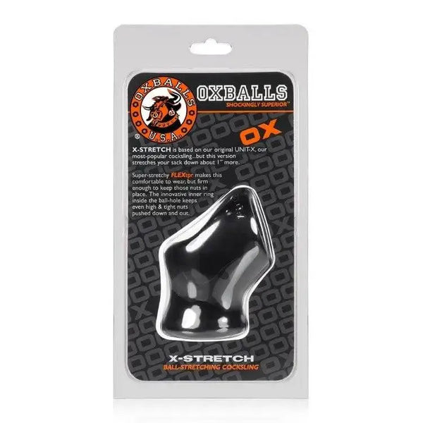 Oxballs X-Stretch black ball-stretching cocksling shown in retail packaging with product description