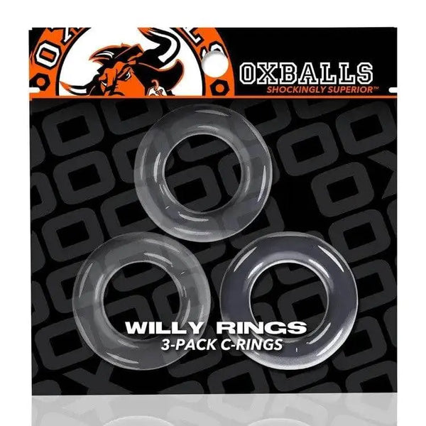Oxballs Willy Rings 3-pack clear stretch cock rings shown in retail packaging
