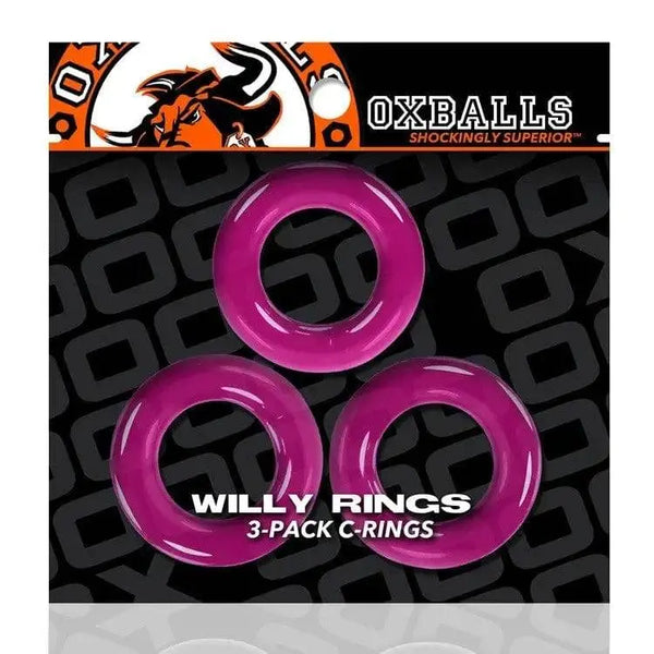 Oxballs Willy Rings 3-pack cock rings in hot pink, shown in retail packaging