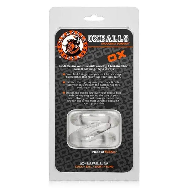 Oxballs Z-Balls clear flexible cockring and ballstretcher in retail packaging