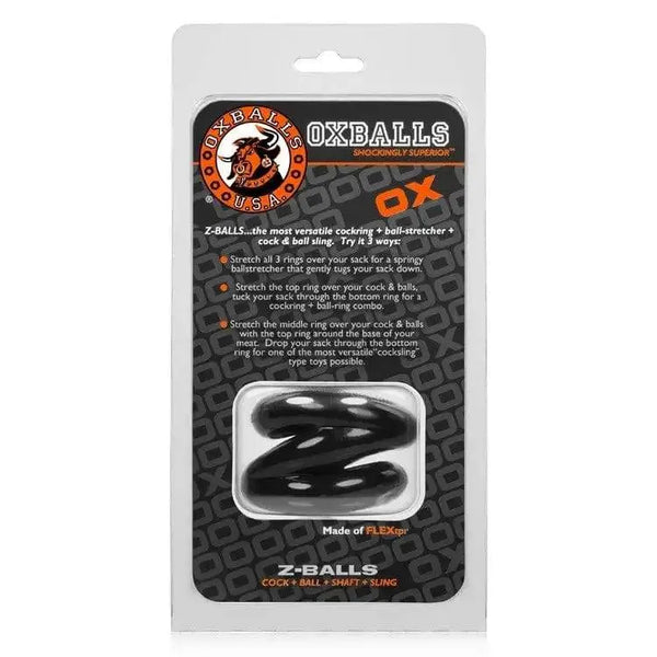 Oxballs Z-Balls black cockring and ballstretcher combo in retail packaging, FLEXtpr material