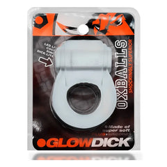 Oxballs Glowdick cock ring in retail packaging showing LED lit feature and PLUS-silicone material