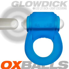 Oxballs Glowdick LED-lit cock ring shown with removable bullet vibrator alongside product