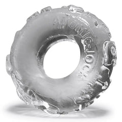 Oxballs Jelly Bean cock ring in clear, showing textured tread-pattern exterior and flexible TPR construction