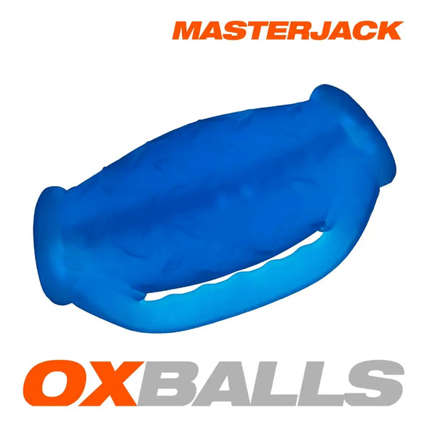 Oxballs Masterjack stroker in translucent blue soft-plus silicone, front hero view