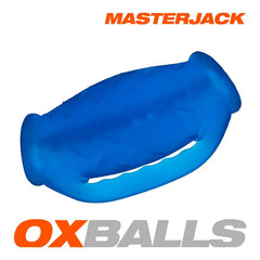 Oxballs Masterjack stroker in translucent blue soft-plus silicone, front hero view
