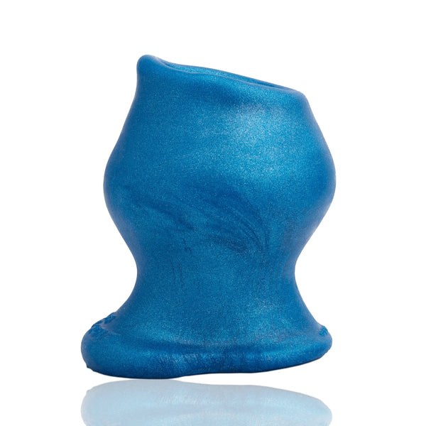 Oxballs Pig Hole Morph hollow anal plug in pearlescent blueballs metallic silicone, front view