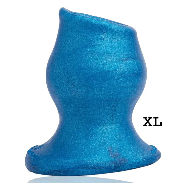 Oxballs Pighole Morph-4 hollow anal plug in XL, shown in metallic blue silicone, front view