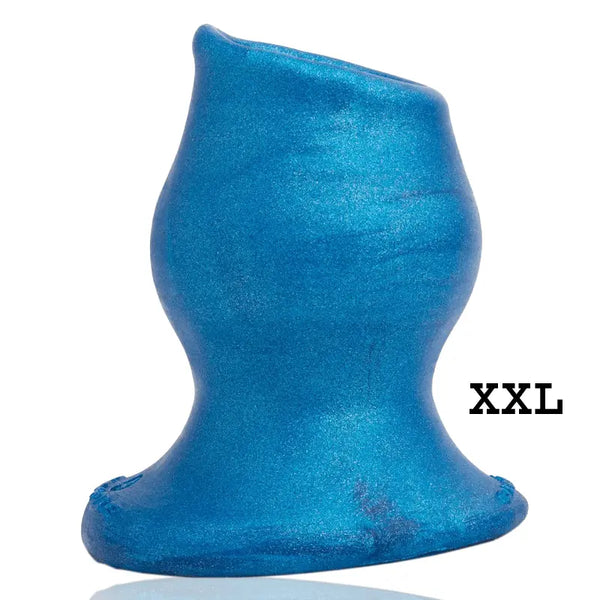 Oxballs Pighole Morph-5 XXL hollow anal plug in pearlescent blue silicone, front view