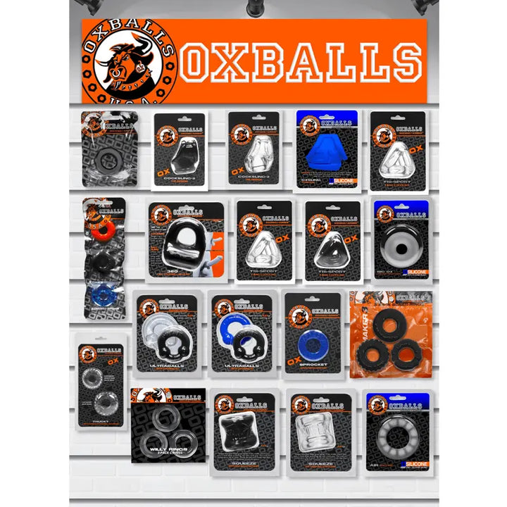 Oxballs retail display board showing full 2023 planogram of cock rings and slings