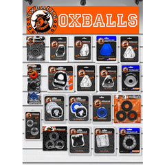 Oxballs retail display board showing full 2023 planogram of cock rings and slings