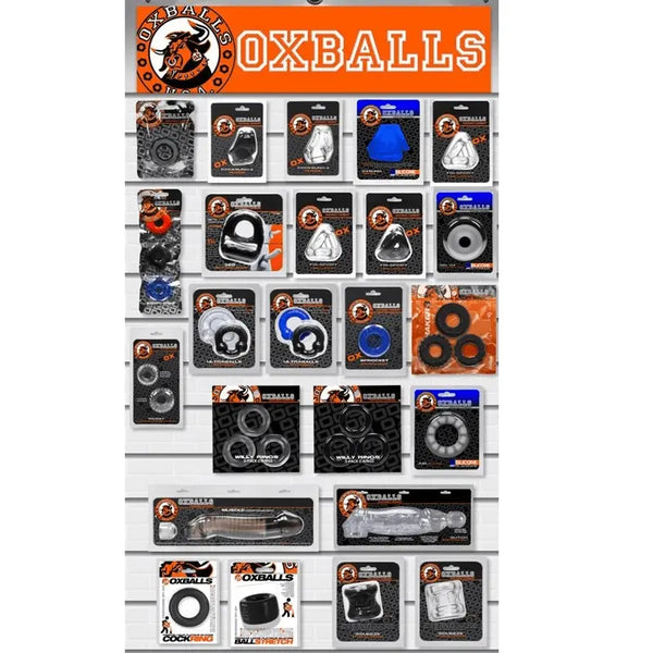 Oxballs retail display board showing full 2023 planogram of cock rings and slings