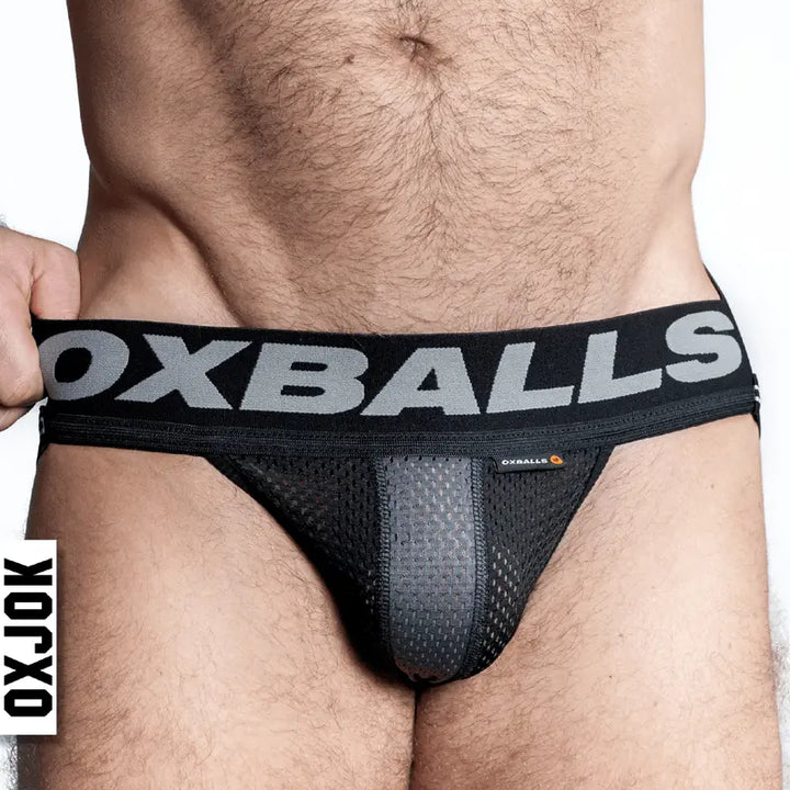 OXBALLS Swagger Jockstrap in tar black with bold logo waistband and mesh pouch front view