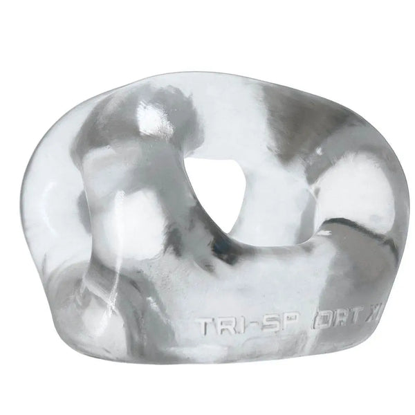 Oxballs Tri-Sport XL clear cock ring shown from front, soft flexible TPR multi-ring sling
