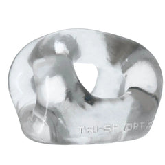 Oxballs Tri-Sport XL clear cock ring shown from front, soft flexible TPR multi-ring sling