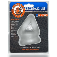 Oxballs Tri-Squeeze 3-ring ball-stretching sling in clear silicone-blend, packaged front view