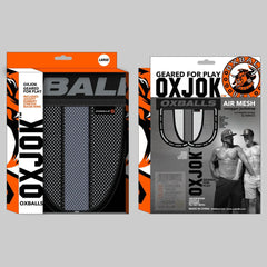 OXJOK packaging front and back shown together, highlighting air mesh fabric and rubber bulge-ring inclusion