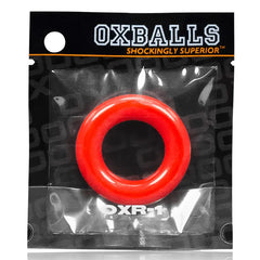 OXR-1 ultra-stretch c-ring in red displayed inside Oxballs retail packaging, front label