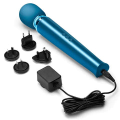 Pacific Blue Le Wand massager displayed with universal power adaptor and plug attachments