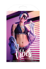 Packaged Vibes bralette and cheeky panty set showing product name on hang tag label